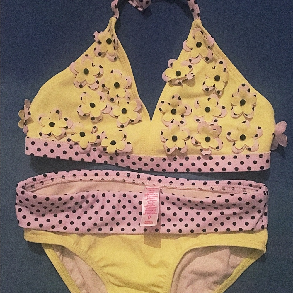 Justice Neon bikini w/blk&wht polka dots&flowers